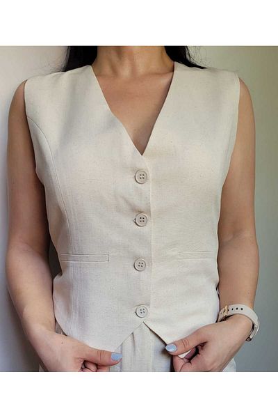 NEVEGE BUTİK Beige Linen Women's Vest - Lined and Stylish