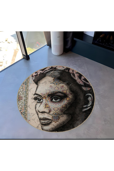 Rugs Modern Halı Round Black Beige Women's Face and Ethnic Patterned Woven Ba...
