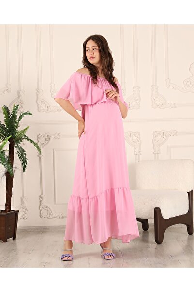 Azra Style Hamile Fırfırlı Yaka Maxi Boy Şifon Elbise Yeni Sezon 8009 Pembe