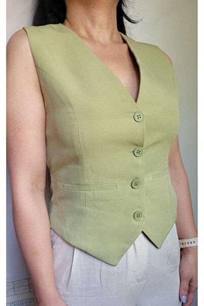 NEVEGE BUTİK Жіночий льняний жилет кольору оливкової зелені - елегантність з підкладкою