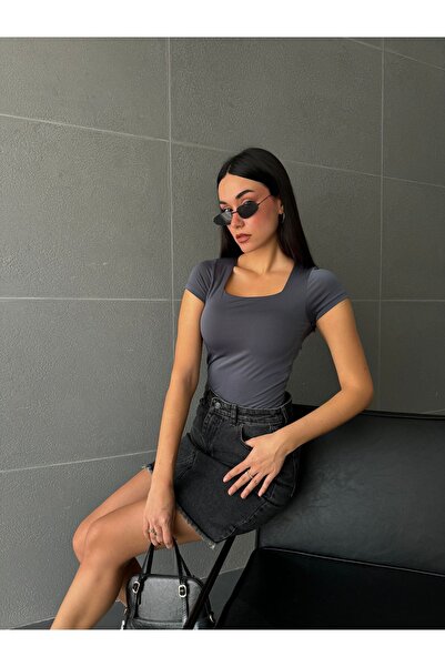 minaaise Füme Kare Yaka Kısa Kollu Slimfit Basic Body 27174