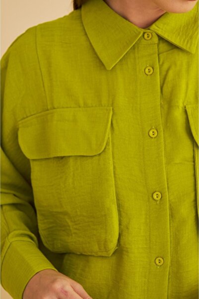 Basicpark Meva Pocketed Bat Sleeve Linen Olive Shirt Trousers Set