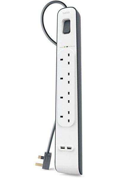 Belkin 4-Way Surge Protection Strip, 2m Cord, Heavy Duty Extension Socket with 2 x 2.4A Shared USB Ports