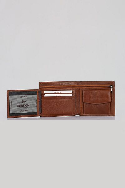 DERKON Tan Colored Genuine Leather Flat Men's Wallet - Zipper Detailed