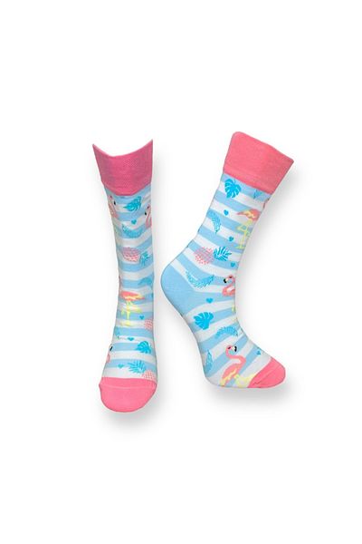 Mevo Single Unisex Flexible Flamingo Patterned Baby Blue Colored Breathable Socket Socks