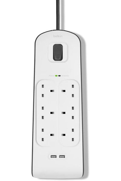 Belkin واقي من زيادة التيار الكهربائي بستة مقابس مع سلك بطول 2 متر، ومنفذي USB بقوة 2.4 أمبير - مقبس تمديد عالي التحمل