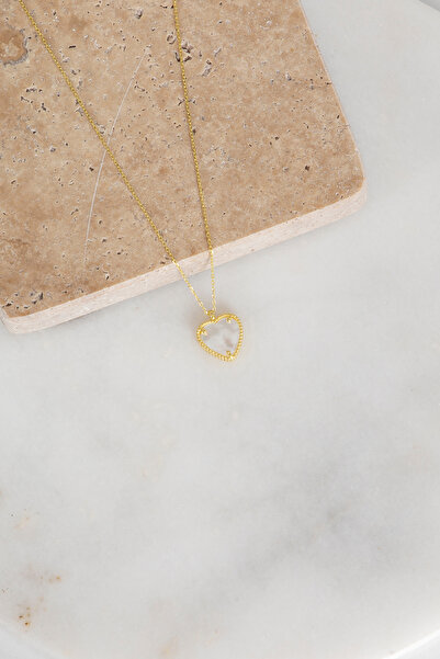 klas gümüş GÜMÜŞ KALPLİ AŞK KOLYE SEDEF TAŞLI GOLD