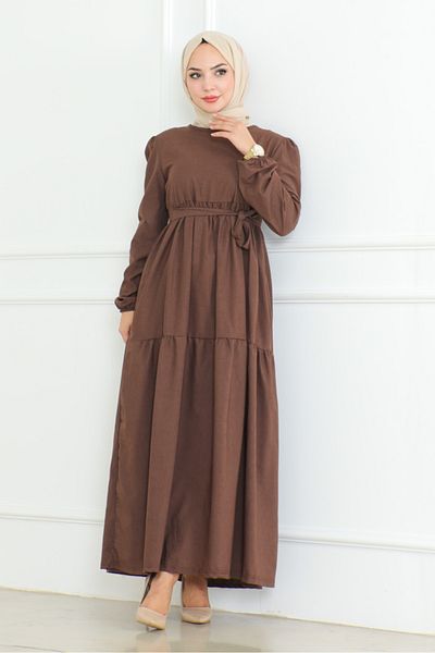 Bestenur Hijab Dress - Akel Layered, Full Length, Belted, Brown 281