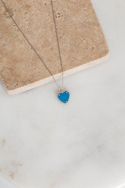 klas gümüş GÜMÜŞ KALPLİ AŞK KOLYE TURKUAZ TAŞLI RODAJ