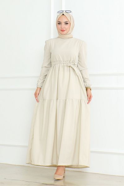 Bestenur Ολόσωμο φόρεμα Hijab με φύλλα και στρώσεις Akel 281 - Stone