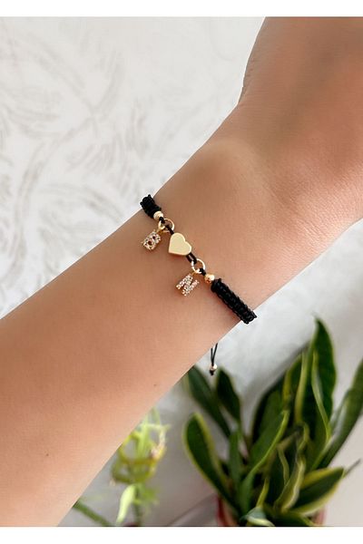 SİSTORİZE Your Luxury Two-Letter Heart Rope Knitted Double Lover Bracelet 2-Piece Letter Gift Lucky Rope Bracelet Black