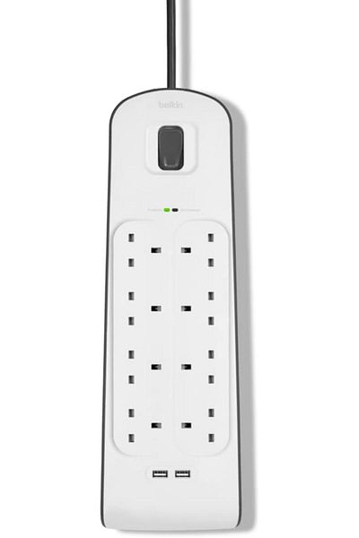 Belkin شريط حماية من زيادة التيار الكهربائي بـ 8 طرق/8 مقابس، سلك بطول 2 متر، مقبس تمديد عالي التحمل مع منافذ USB مشتركة بقوة 2.4 أمبير