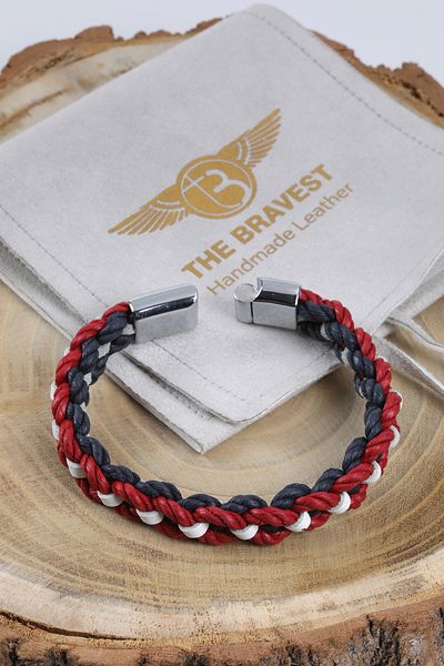 MRHERO Men's Red White Rope And Genuine Leather Mixed Braid Handmade Leather Bracelet_mh028