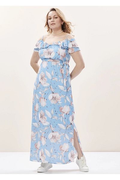 EVEN plus size فستان كريب أزرق منقوش بالزهور مقاس كبير