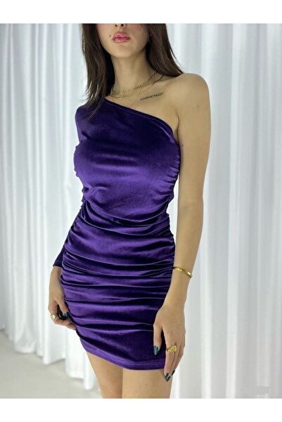 Secret Passion Lingerie Μονό μανίκι ελαστικό βελούδο - Μωβ βραδινό φόρεμα με ...