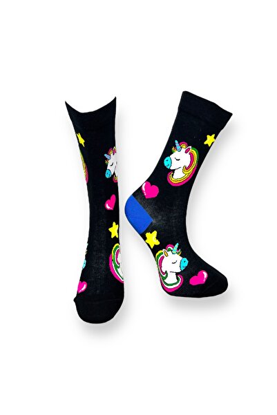 Mevo Tekli Unisex Esnek Unicorn Desenli Siyah Renkli Nefes Alabilen Soket Çorap