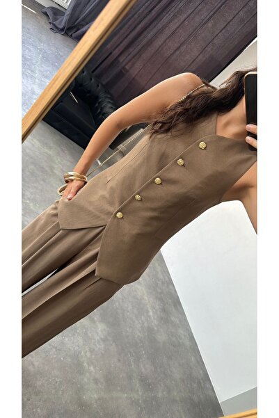 Laluvia Brown Gold Vest - Buttoned Design