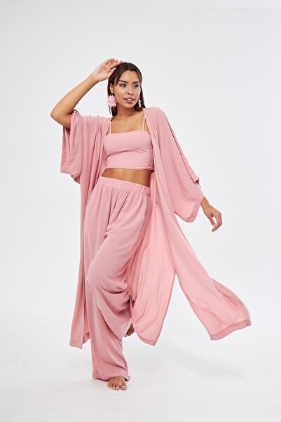 GIA - ART Set 3 piese cu kimono și bustieră de culoare roz - MĂTASE MEDINA