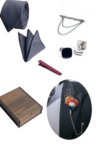 BAYEFENDİ Ahşap Kutulu Gri Renk Kravat &kol Düğmesi & Yaka Çiçeği & Yaka Iğnesi & Kravat Iğnesi Set