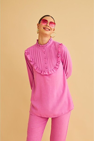 Basicpark Jade Ornamental Stitched and Buttoned Ruffle Collar Linen Pink Tunic Trousers Set