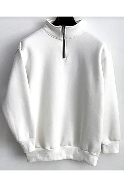 NİCE Unisex Χειμερινό Φούτερ - Λευκό, Σταντ γιακά, Μισό Φερμουάρ, Fleece