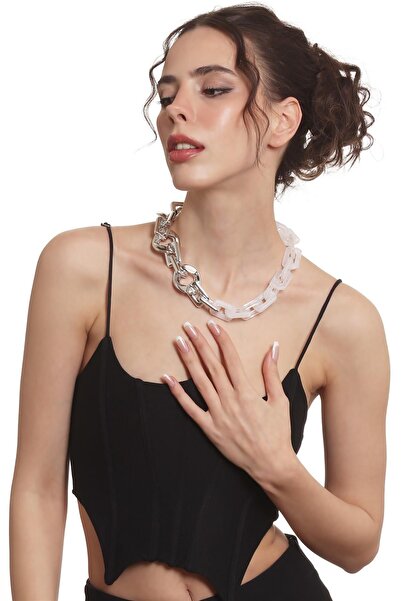 LABALABA Women's Thick Chain Form White & Silver Color Acrylic Design Necklace