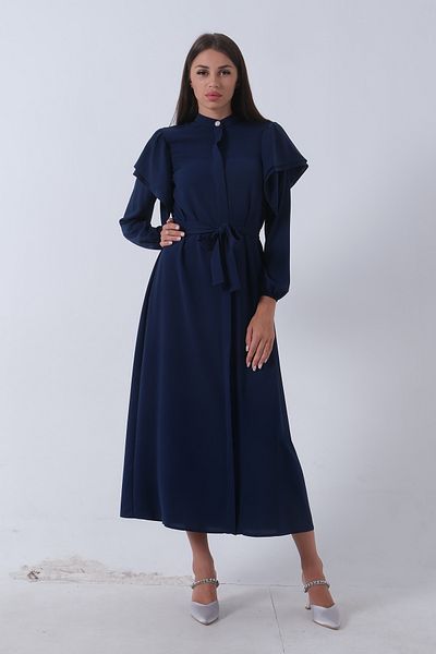 Feminist Navy Blue Hijab Dress - Hidden Button and Sash 46344