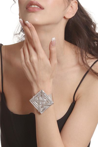 LABALABA Women's Lacquer Silver Color Plated Adjustable Open Band Mesh Textured Geometric Figured Bracelet