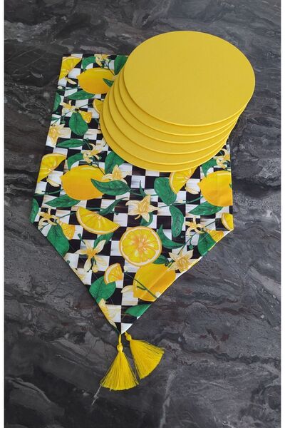 biXwood Limon Desenli Runner+6 Adet Sarı Amerikan Servis Supla Seti