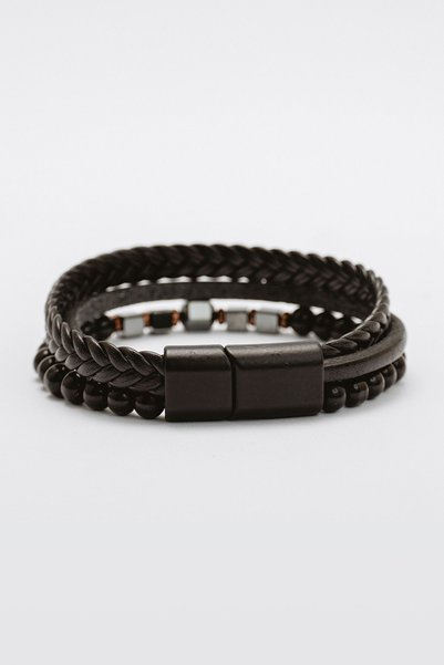 JuraDeri Men's Genuine Leather Bracelet - Black Striped, Five-Strand Braided, Hematite and Onyx Stones
