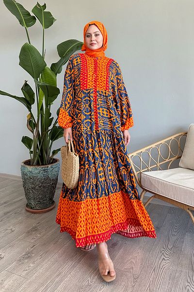 InStyle Balloon Sleeve Patterned Viscose Dress - Orange