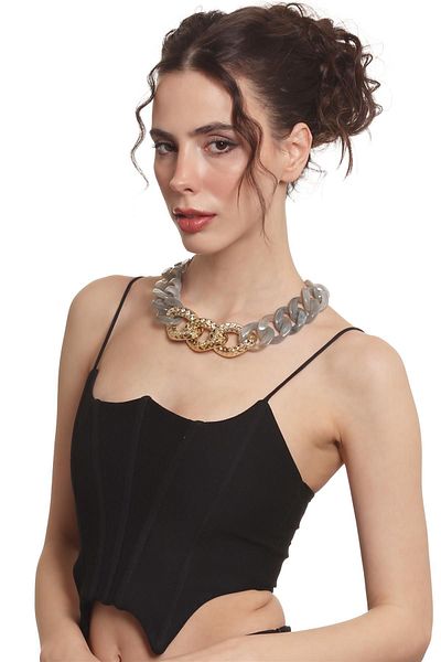 LABALABA Women's Thick Chain Form Smokey Gray & Gold Colored Resin Necklace