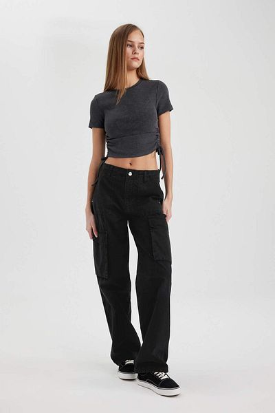 DeFacto High Waist Gabardine Pants - Straight Fit, Cargo Pockets, B0625Ax23Au