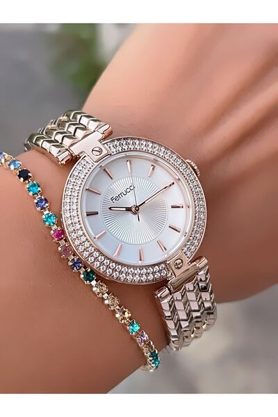 Ferrucci ÇELİK KORDON TAŞ MOTİFLİ KASA 3 ATM SU GEÇİRMEZ KADIN KOL SAATİ+BİLEKLİK HEDİYELİ