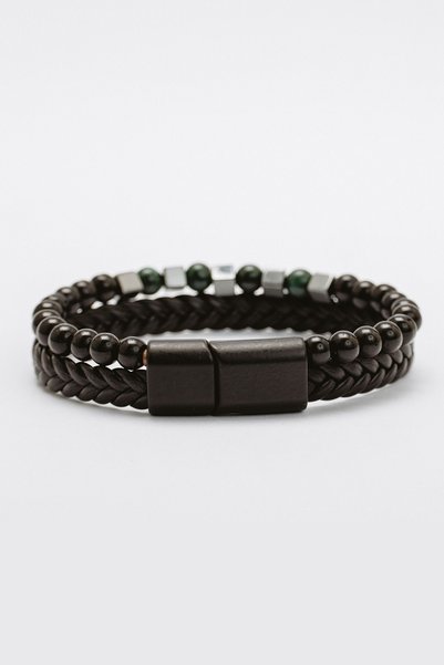 JuraDeri Men's Genuine Leather Bracelet - Five-Strand Braided, with Cube Hematite and Natural Stones