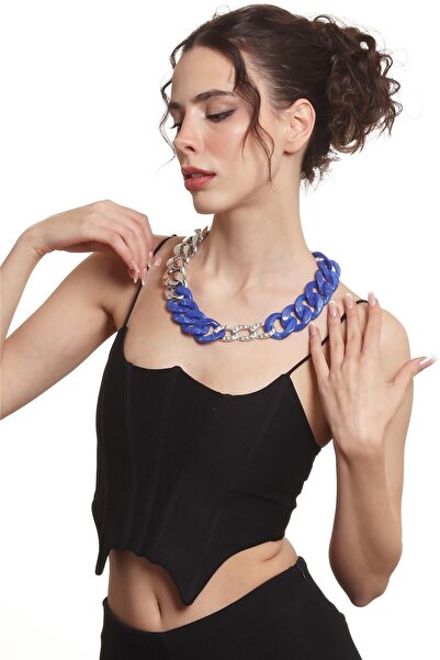 LABALABA Women's Thick Chain Form Midnight Blue & Silver Color Acrylic Design Necklace