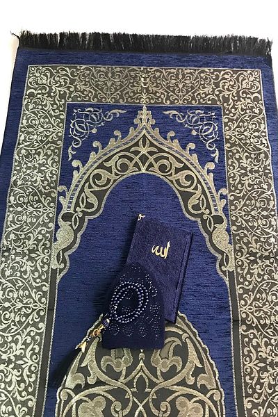 Kardelen Navy Blue Ottoman Patterned Groom's Velvet Prayer Rug with Bundles - Taffeta Chenille, Skullcap and Pearl Rosary