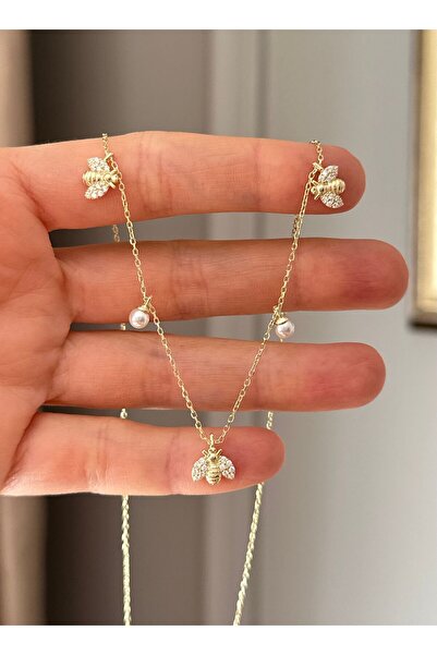 emy by emel luxury silver jewelry Altın Kaplama İncili Arı Kolye 925 Ayar Gümüş