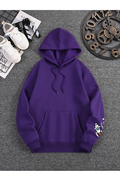 Black Sokak Men's Purple Oversize Sweatshirt - Hooded and Printed