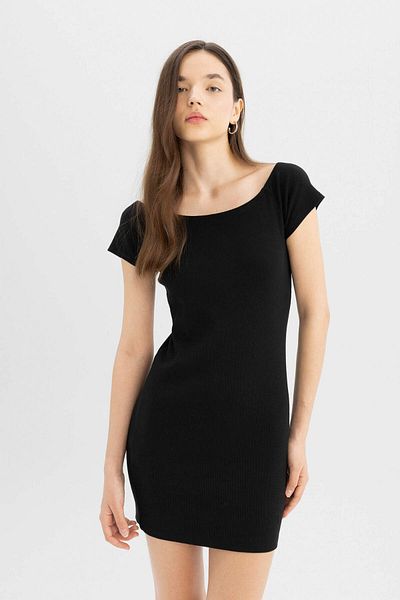 DeFacto Μίνι φόρεμα με κοντό μανίκι καμίζι Bodycon λαιμόκοψη με ραβδώσεις A7362ax23sm