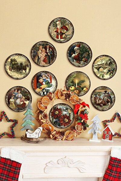 ÖZCANLAR ÇERÇEVE Yeni Yıl Seti Çerçevesiz Yuvarlak Kesim 10 Parça Yılbaşı Seti Mdf Tablo Seti Mdf Baskı 12x12 Noel
