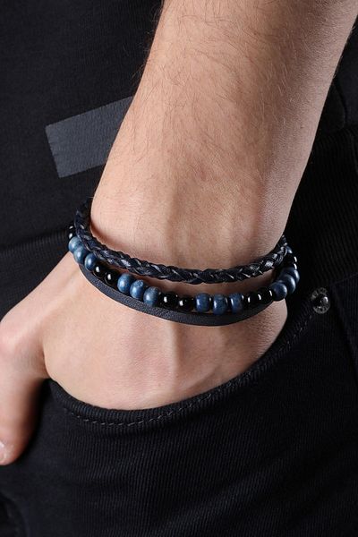 MRHERO Mh030 Men's Navy Blue Braided Bead Genuine Handmade Leather Bracelet