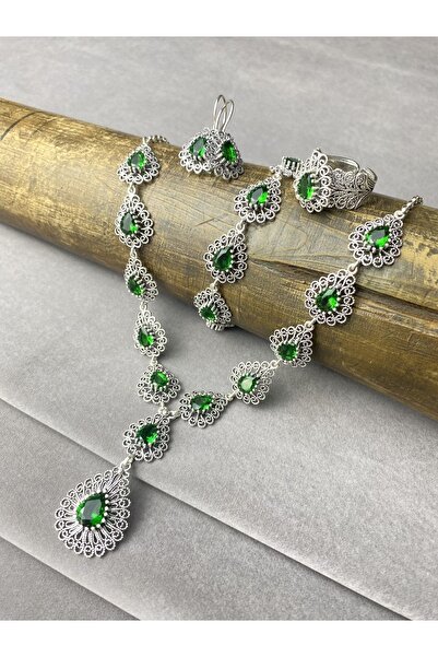 BEY SİLVER Gümüş Zümrüt Taşlı Gerdanlıklı Telkari Gümüş Dörtlü Set