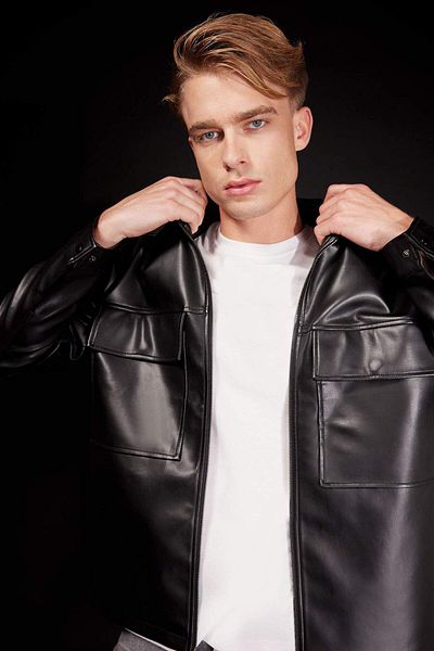 DeFacto Παλτό από συνθετικό δέρμα γιακά μπουφάν Oversize Fit Shirt