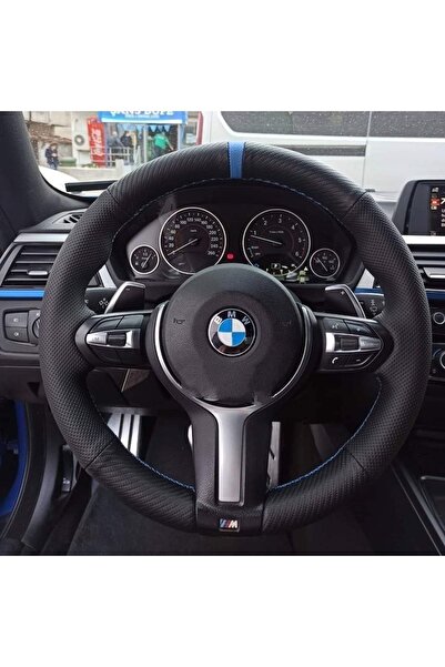 imza direksiyon kılıfı Bmw F30 Uyumlu Noktalı Karbon Mavi Yüzüklü Mavi Dikişl...