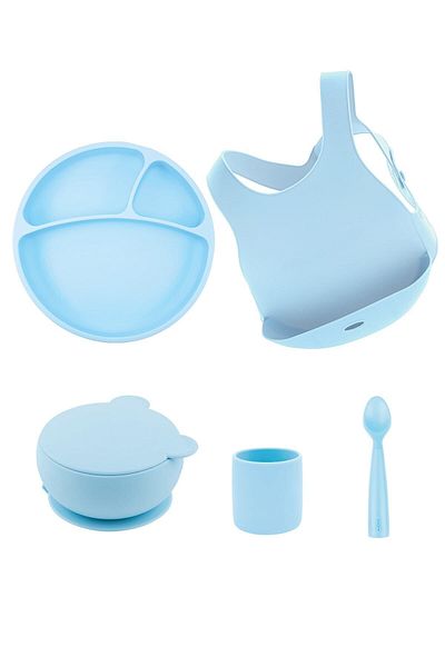 OiOi Minimalist Blue Silicone Nutrition Set of 5 (Plate+Bib+Bowl+Cup+Spoon)