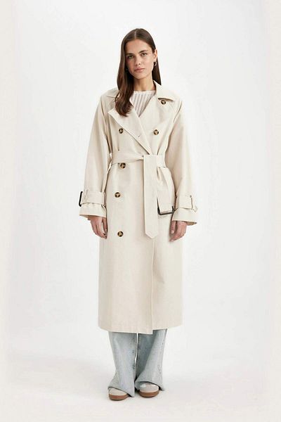 DeFacto Wasserdichter langer Trenchcoat mit breiter Passform, zweireihigem Revers, Knopfleiste und Gürtel, saisonale B1818ax24sp