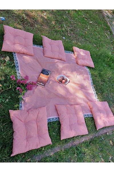 Marin Tasarım Evi Multi-Purpose Orange Picnic Cloth Set 6 Pieces 40x40 Cushion 170x170 Table Cloth