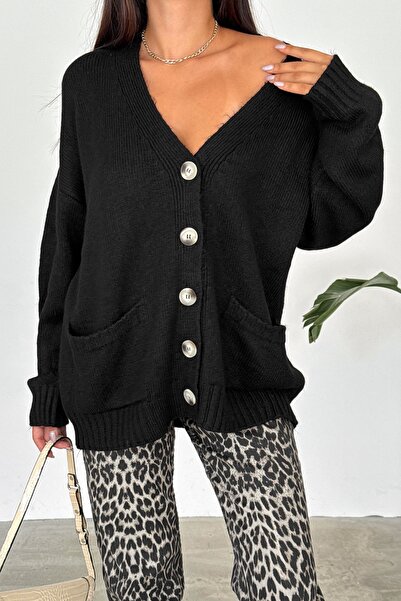 FEMELLE Black Oversize Knitwear Cardigan - Double Pocket and Button Detail, Off-Shoulder