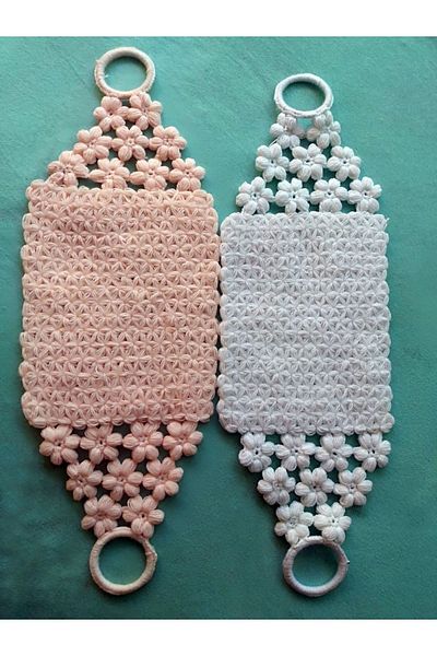 TülaysHandCraft Hand Knitted Ringed Floral Puppy and White Long Bath Loofah Set